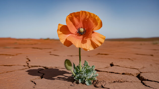 Desert flower blooming after rain in dramatic light