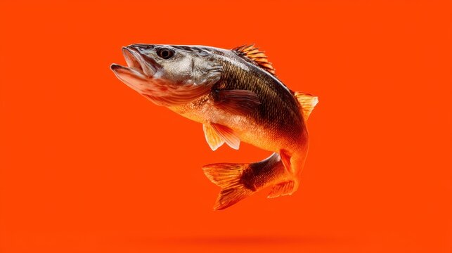 Freshly Caught Fish Leaping Against Vibrant Orange Background for Culinary and Seafood Industry Applications