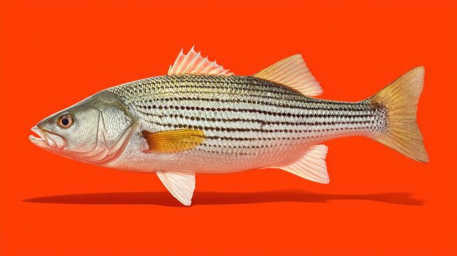Realistic striped bass fish on vibrant orange background showcasing detailed texture and natural colors in aquatic environment