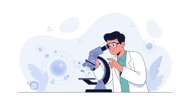 Scientist Using Microscope in Laboratory - Vector Illustration