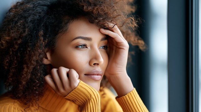 A woman gazes thoughtfully out of a window, lost in deep contemplation.