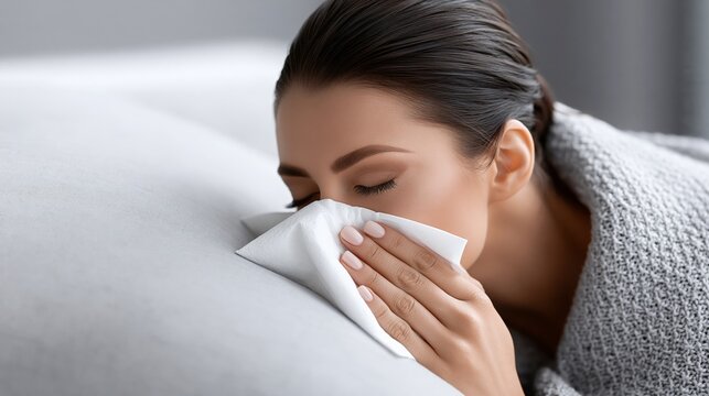 A woman in a cozy setting, expressing feelings of sadness or illness with tissues.