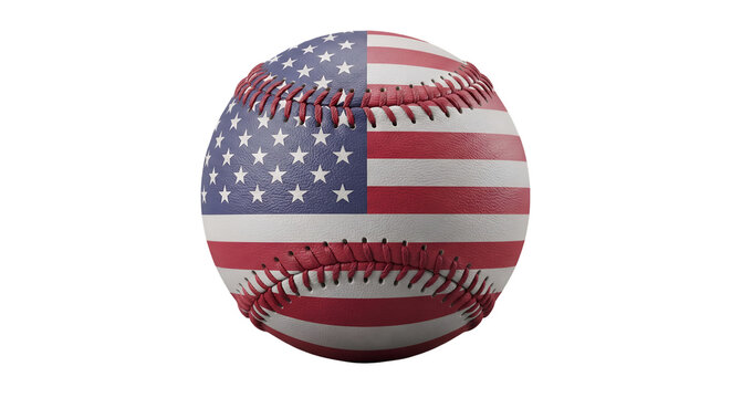 A leather baseball patterned with the United States of America national flag showing stars, stripes, and red stitching, isolated on transparent background