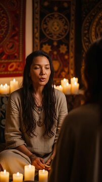 A mature woman psychic tarot reader doing a divination session with candles and spiritual tapestries