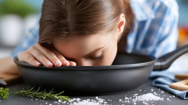 A woman leaning her head over a pan while cooking in a kitchen, expressing frustration.