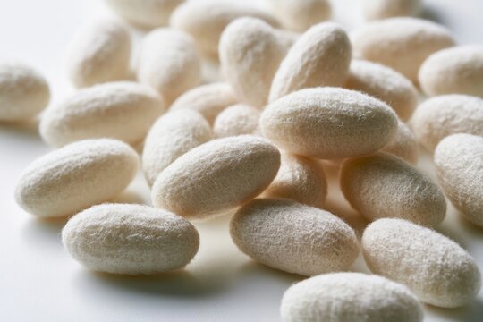 A close-up studio shot of numerous streetwear silk cocoons piled together