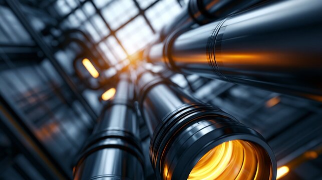 Abstract view of industrial pipes reflecting light in a modern setting.