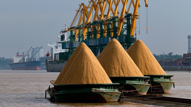 Cargo ships loading grain at a port with yellow sand piles on the dock.