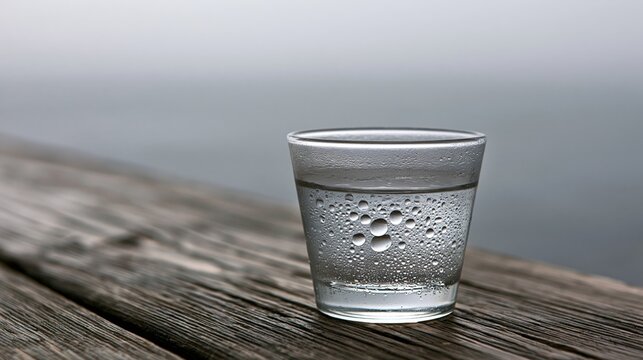 Clear glass of water with droplets on the surface reflecting a serene atmosphere.