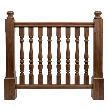 Wooden staircase railing isolated on white. Classic brown wood balustrade for home interior.