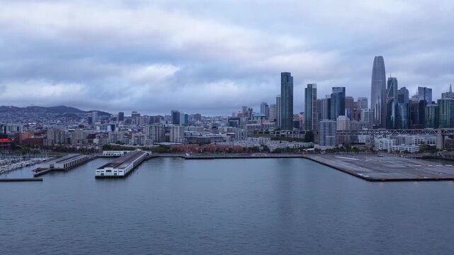 Aerial footage of the Embarcadero showcases San Francisco's historic waterfront, ferry terminals, public spaces, and Bayfront architecture.
