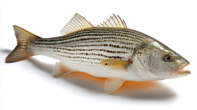 Detailed Close-Up of Fresh Striped Bass Fish with Distinctive Stripes and Natural Colors on White Background