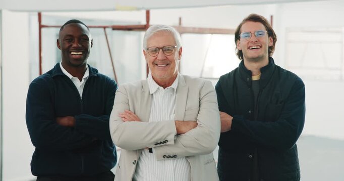 Architecture, face or team on site with arms crossed, design group or about us in industrial industry. Happy, men or engineer staff with confidence, solidarity or pride in infrastructure development.