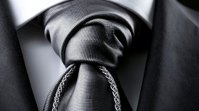 Close-up of a neatly tied black tie on a formal suit, symbolizing professionalism.