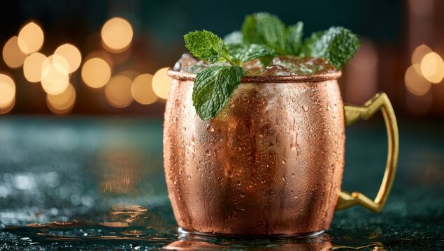 Copper moscow mule mug with mint garnish and condensation on a bar counter
