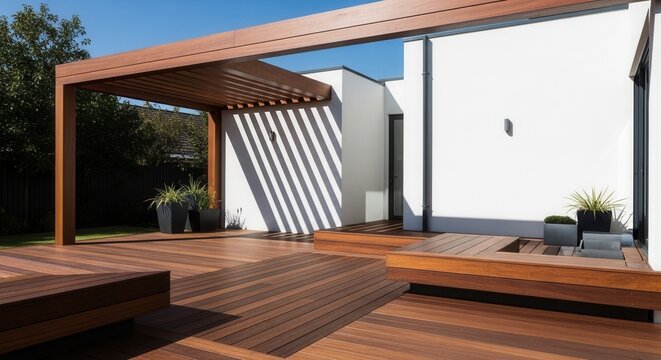 Modern Outdoor Living Space With Wooden Deck And Pergola