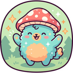 Fototapeta premium Cute Blue Fluffy Monster Wearing a Red Mushroom Cap in a Magical Forest Circular Vector Illustration