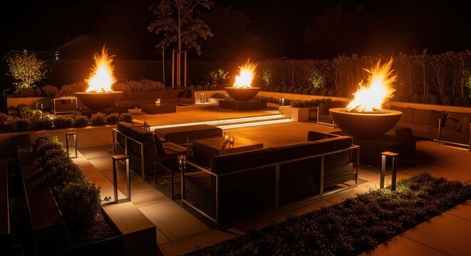 Modern Outdoor Patio Lounge Area With Fire Pits And Ambient Lighting At Night