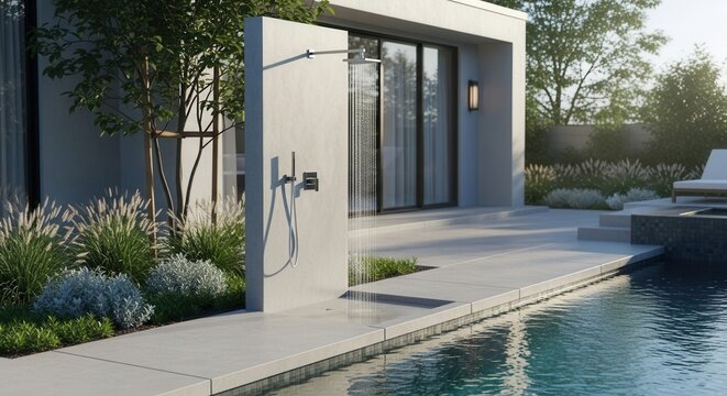 Modern Outdoor Shower Oasis Beside a Serene Pool with Lush Landscaping