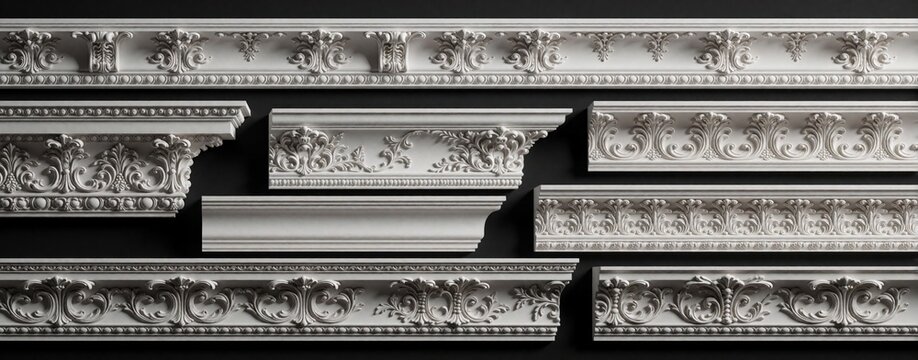 White ornate plaster moldings for ceiling and wall decoration. Intricate classical architectural trim for interior renovation, luxury home design, and decorative finishes.