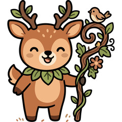 Fototapeta premium Cute Woodland Deer Character Holding a Flowery Branch with a Small Bird Friend