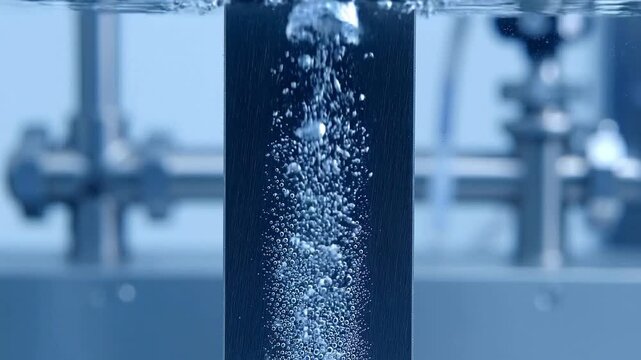 Industrial experiment with rising air bubbles in clear liquid inside a scientific testing device