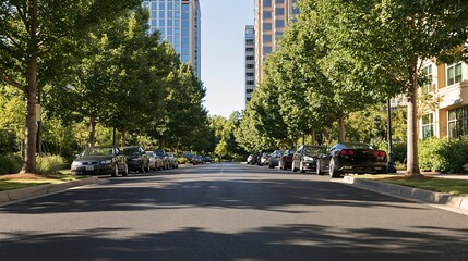 Fototapeta premium Tree-lined street with parked cars and modern buildings in a suburban or urban setting