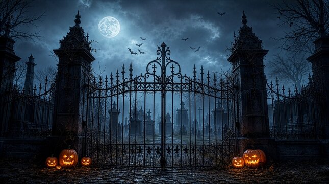 Spooky Halloween graveyard with ornate iron gates, glowing jack-o-lanterns and flying bats under full moon. Creepy cemetery with tombstones and fog creates horror atmosphere for dark fantasy 