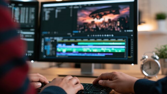 Person editing video on computer with multiple monitors and editing software timeline