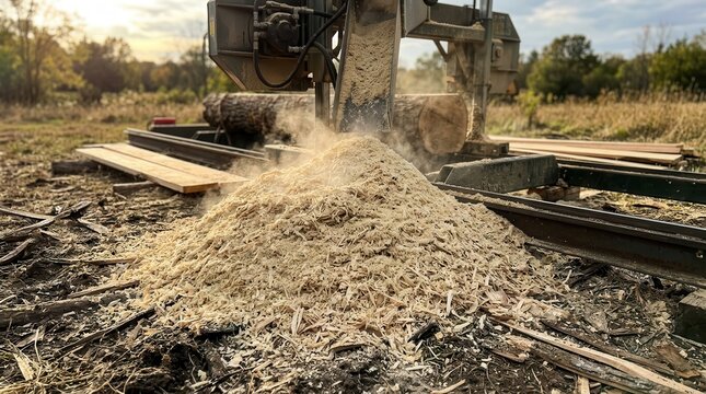 Industrial Sawmill Operation Transforming Raw Timber Logs into Planks with Precision Machinery and Accumulating Sawdust Pile in a Rustic Outdoor Setting