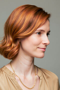 Vertical shot of Caucasian young adult woman posing in side profile with styled copper hair, presenting beauty and grooming concept. Ideal for salon branding, skincare ads, makeover campaigns