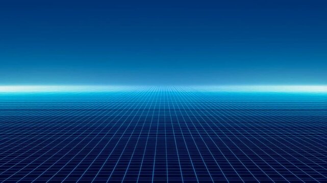 A glowing blue wireframe grid stretches toward a bright horizon in a futuristic cyberspace or retro synthwave landscape.