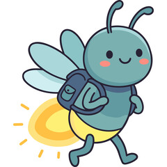 Fototapeta premium Cute cartoon firefly character with backpack flying with a glowing abdomen in vector illustration