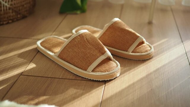 Socks and slippers on the wooden floor