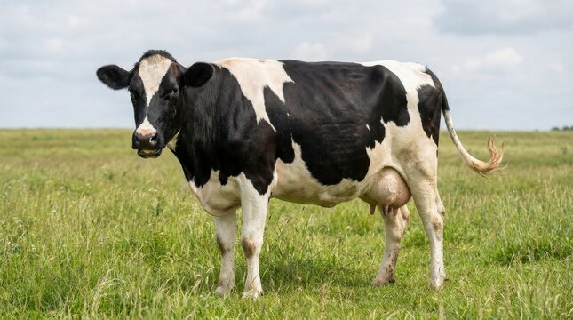 Black and white Holstein cow standing in a green grassy field under a cloudy sky.