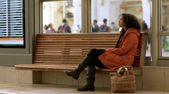 Woman in orange coat sitting on wooden bench in public transit station, looking out window