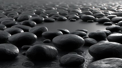 Obraz premium Arrangement of smooth, dark, wet stones in a circle on a reflective surface, creating a serene and balanced composition