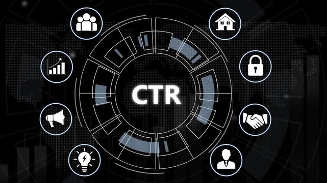 Digital marketing ctr click through rate concept with animated hud interface featuring business for data analytics, online advertising strategy, conversion optimization, and growth metrics