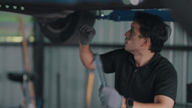 Mechanic inspects EV car underside under lift. He wears gloves and holds tool. Focused, he examines engine components