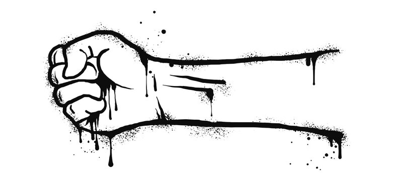 Spray painted graffiti fist hand on black over white. Demonstration, protest drip symbol. isolated on white background. vector illustration