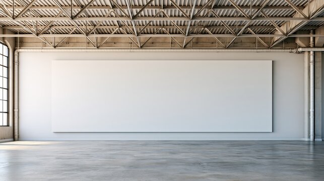 Spacious industrial warehouse interior with large blank canvas ready for art or advertisement display