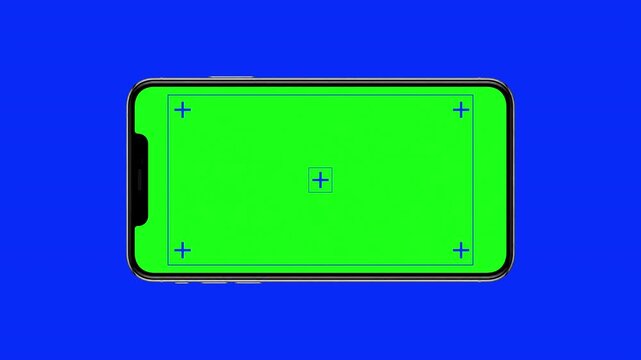 Realistic phone frame animates from bottom of the frame onto the screen then rotates from portrait to landscape and scales up to fit the frame. Smartphone mock up concept graphic template.