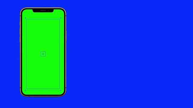 Brushed Gold realistic phone frame animates onto the screen from bottom of frame, scales up down and animates out from the bottom of the frame.graphic template. Chroma key green 4k