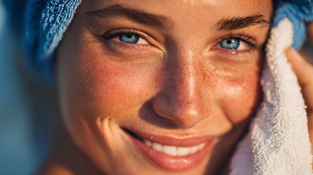 High-resolution candid portrait of a cheerful young woman wiping her face with a textured blue-and-white towel, golden sunlight creating rich amber highlights across her skin, 