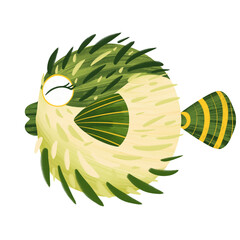Cute Green Pufferfish Cartoon Illustration Isolated on Transparent Background © Agnes