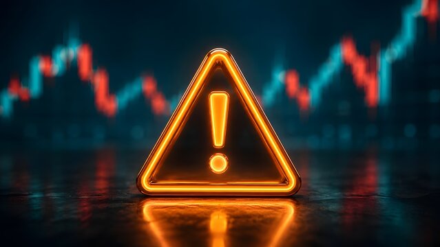 Glowing warning sign symbolizes market volatility and economic uncertainty, signaling potential financial crisis and risk amidst a dynamic stock chart.