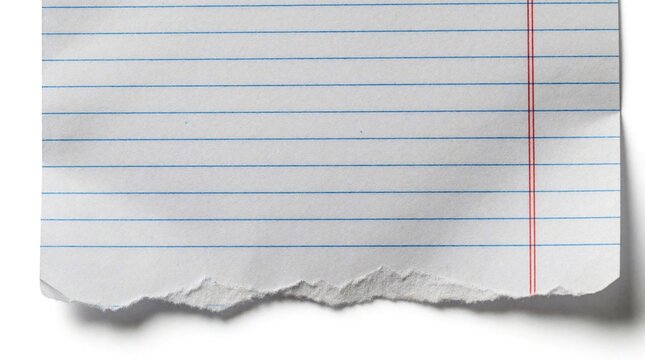 Torn white notebook paper sheet with blue lines and red margin line lies on white surface isolated. Empty page texture for notes, writing, or creative project background.