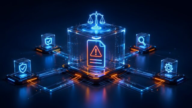 Navigating digital compliance and data regulation: legal tech, cybersecurity, audit, and risk management systems connected to a document warning.