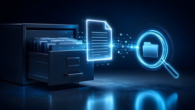 Seamless digital document management system efficiently searching and organizing crucial files within a futuristic data cabinet, emphasizing modern information retrieval technology.