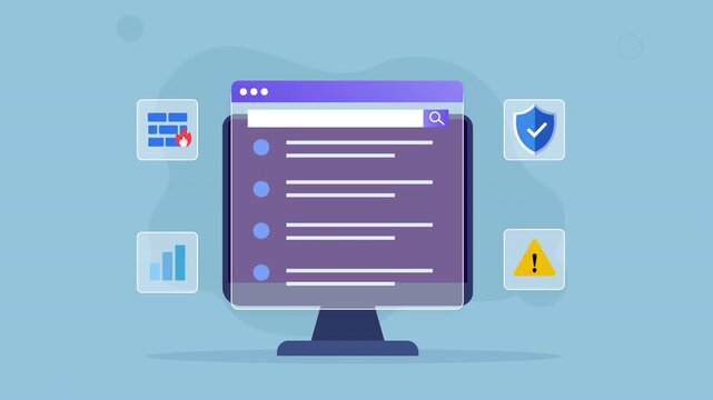 Flat vector animated desktop monitor displaying a security monitoring dashboard with analytics, alerts, protection, and workflow interface. Ideal for cybersecurity, business, and technology motion gra